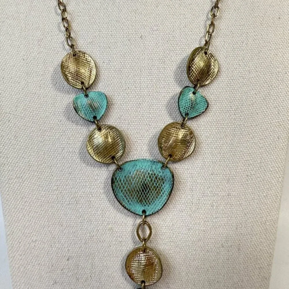 Y-Drop‎ Metal Necklace Gold-Tone Chain Turquoise Blue Adjustable
